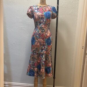 Milly Floral Midi Dress in Blue and Pink